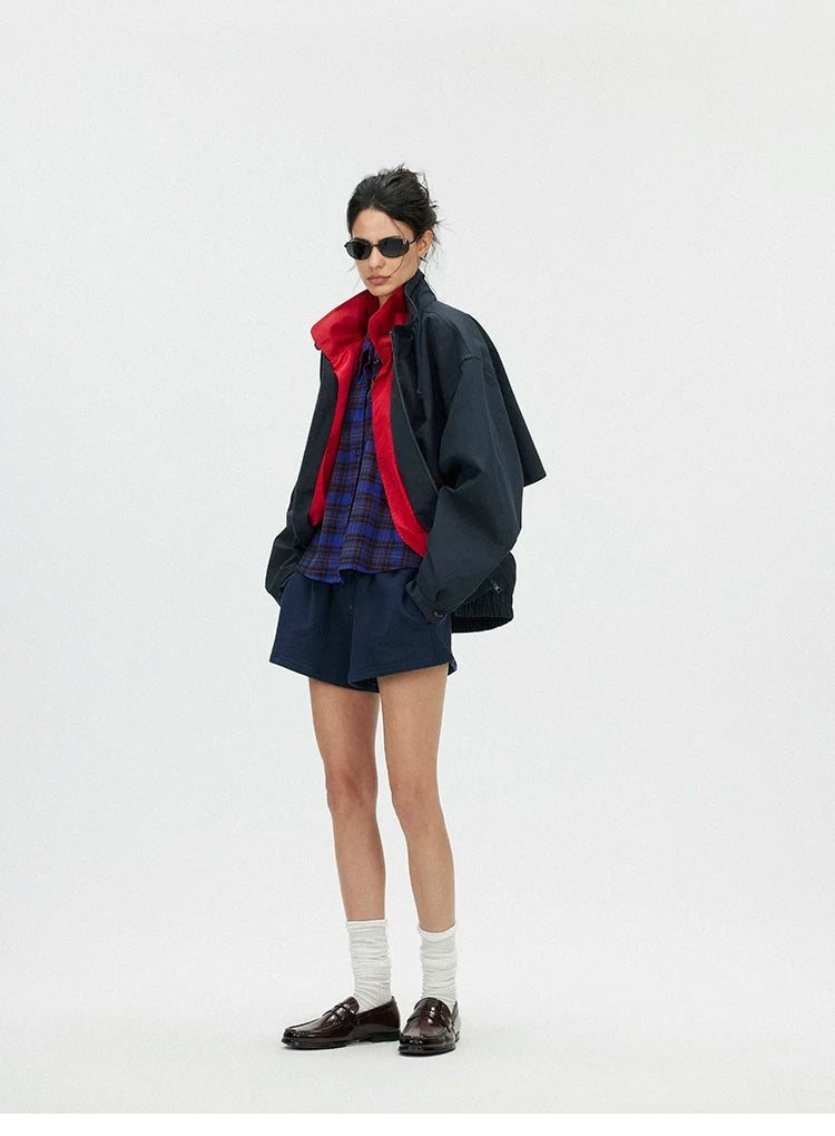 Contrast Trim Double-Placket Stand Collar Oversized Jacket