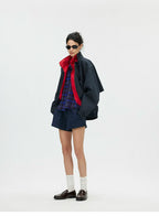 Contrast Trim Double-Placket Stand Collar Oversized Jacket