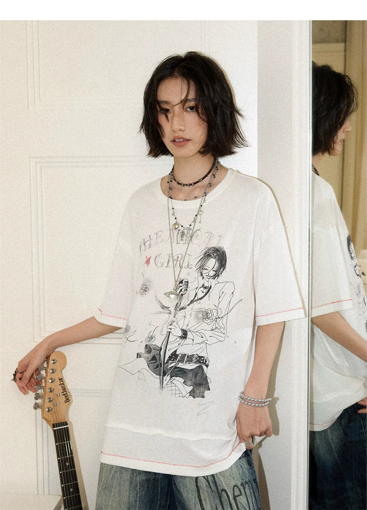NANA Collaboration Vintage Loose Fit Printed Embroidered Short Sleeve T-Shirt