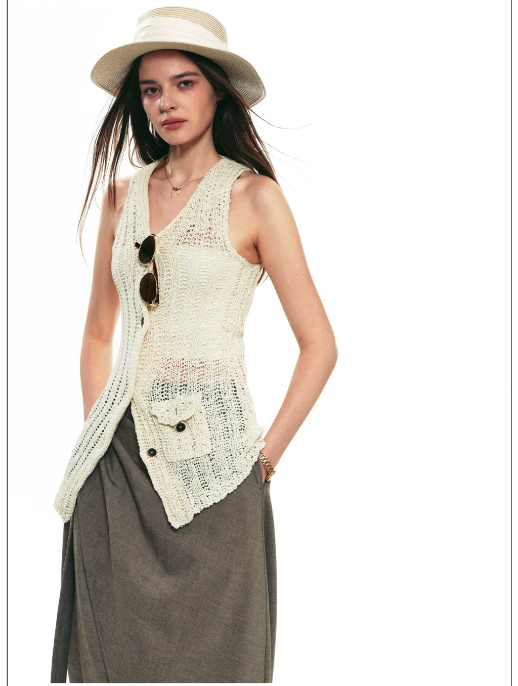 French Vintage Sleeveless Pointelle Knit Vest for Summer