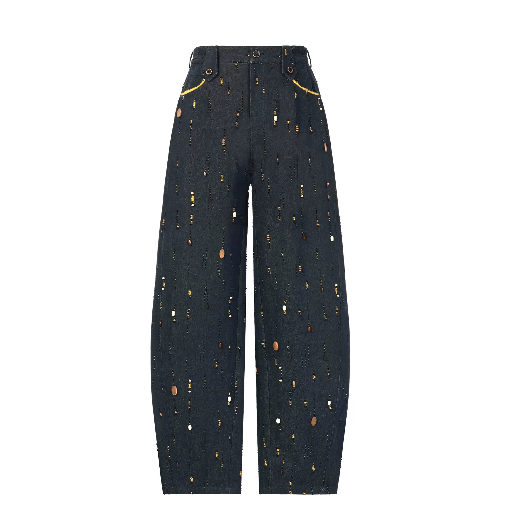 Handcrafted Wooden Bead Washed Distressed Baggy Jeans