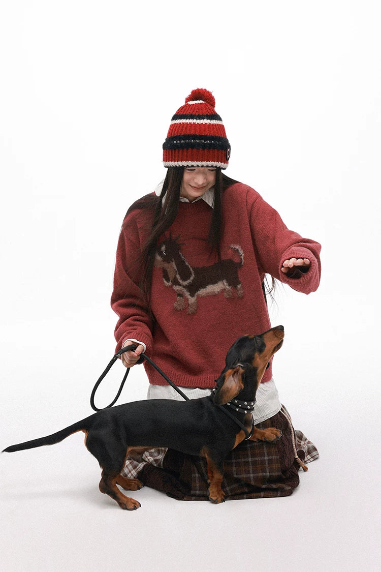 Punk Dog Faux Mink Jacquard Retro Color-Block Soft Knit Sweater