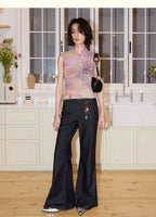 New Chinese Style All-Over Print Pleated Mock Neck Sleeveless Tank Top