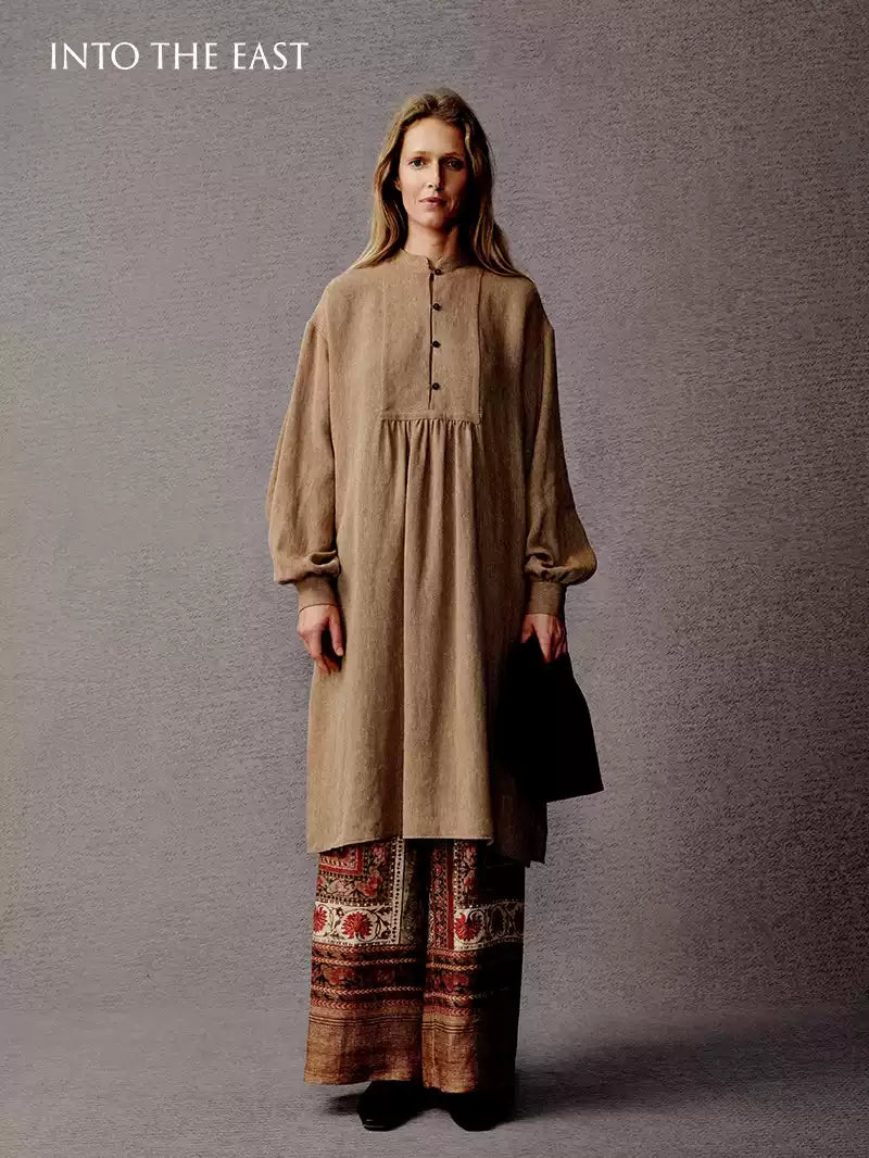 Boho Linen Placement Print Wide-Leg Pants