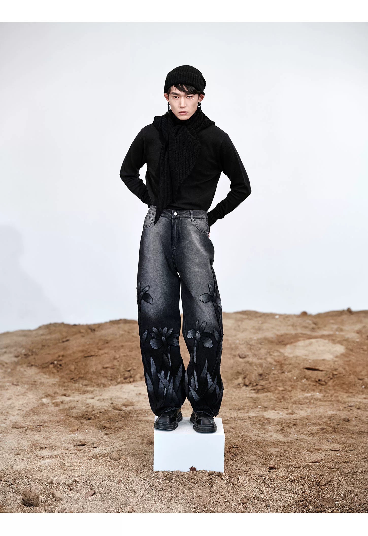 Heavyweight Washed Straight-Leg Jeans with Floral Appliqué