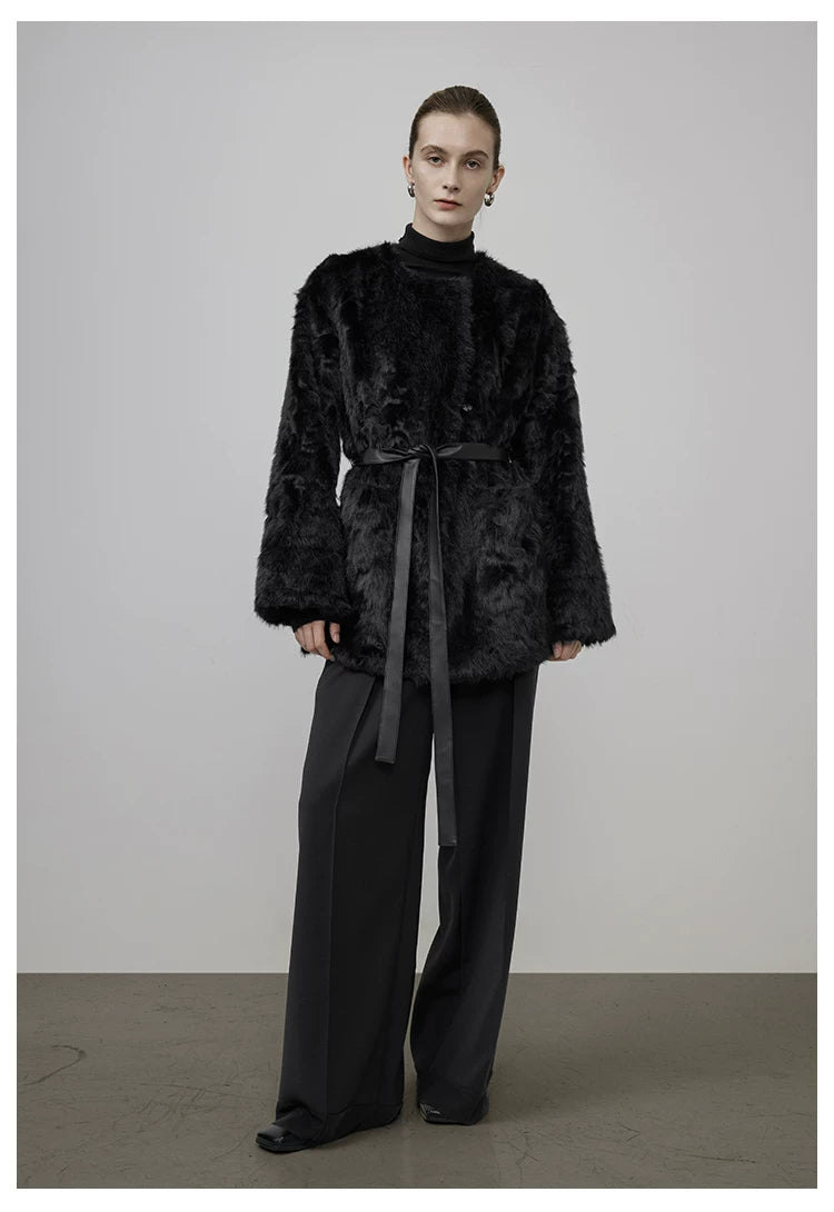 Black Faux Shearling Fur-Lined Coat