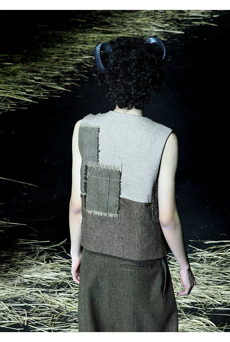 Vintage Wool Raw-Edge Patchwork Asymmetric Layering Vest