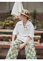 Chamomile Embroidered Asymmetrical Collar Short Sleeve Shirt