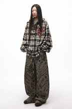 Leopard Digital Print Curved Panel Denim Pants with Double Waistband – Trendy Split Design Jeans