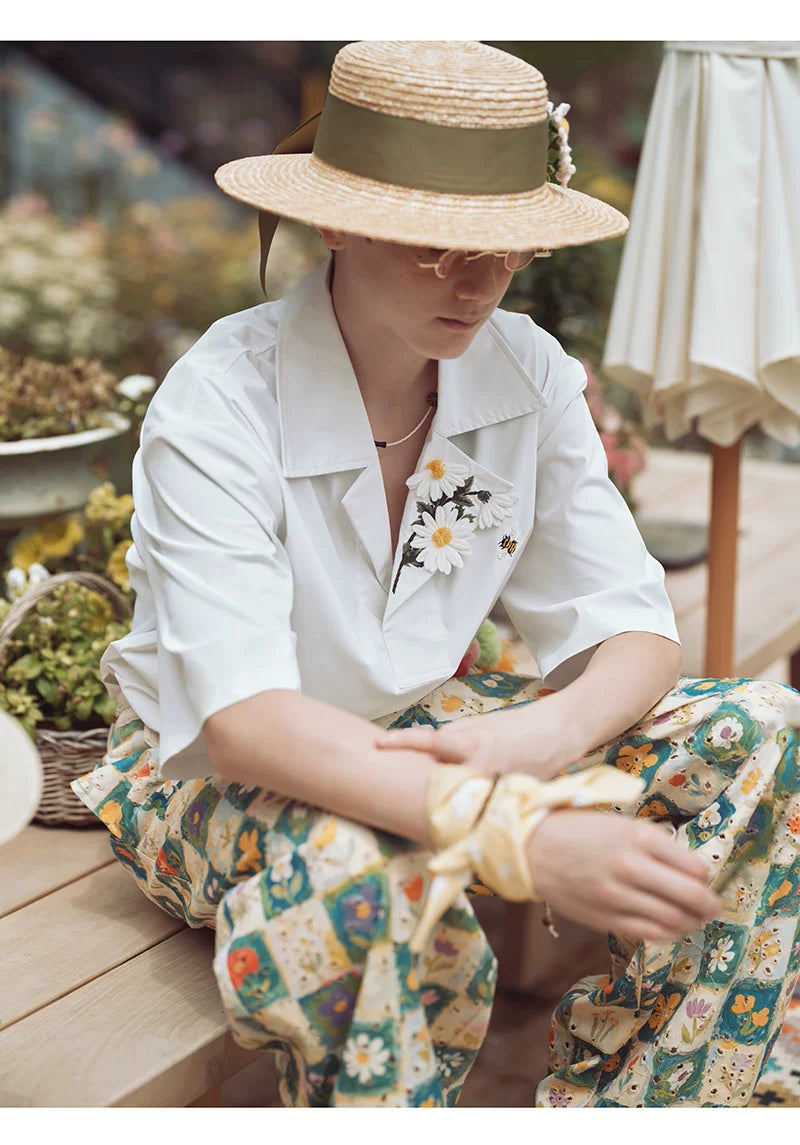 Chamomile Embroidered Asymmetrical Collar Short Sleeve Shirt
