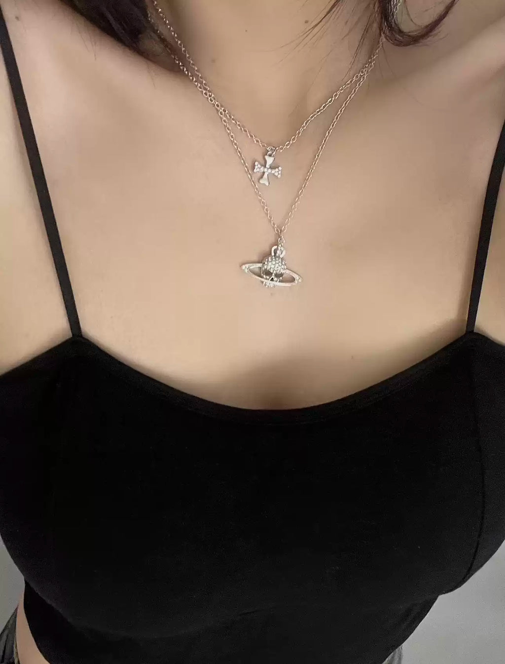 Saturn Skull Cross Layered Necklace