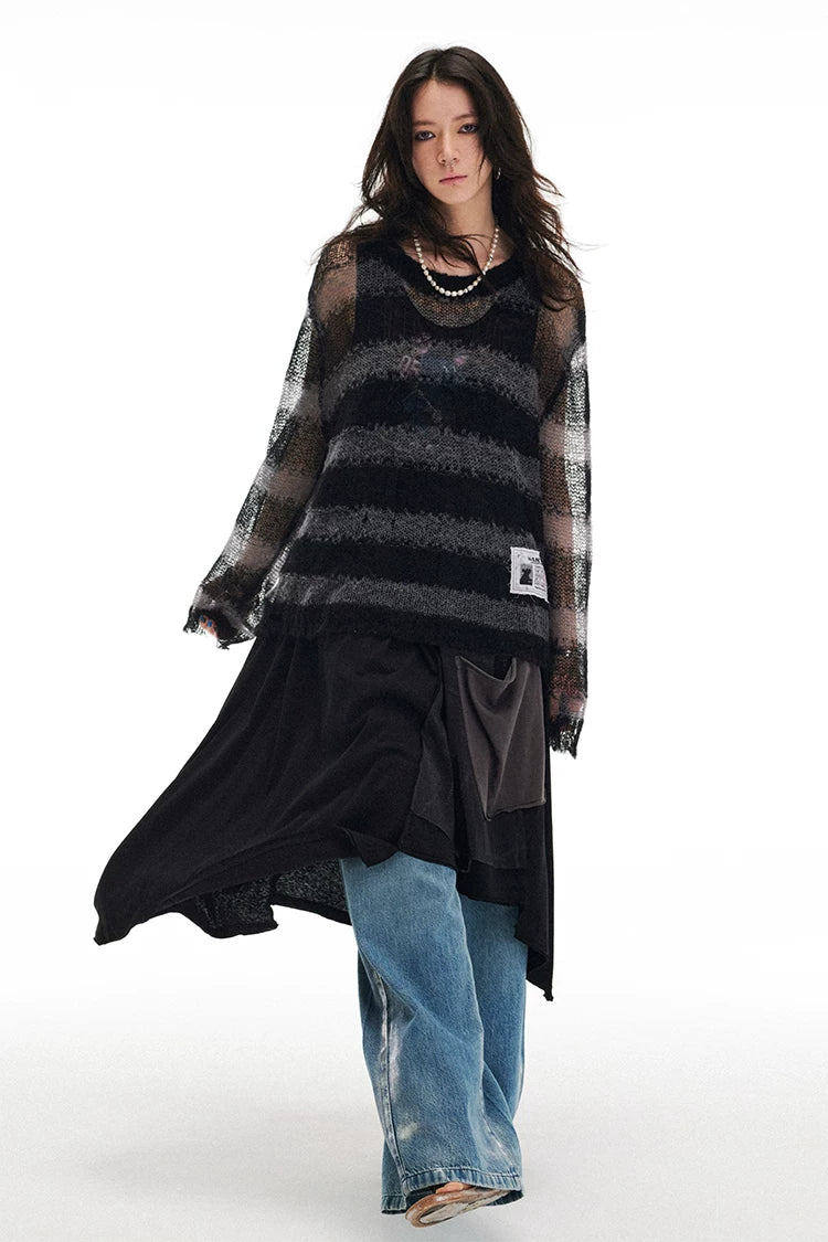Soft Wool & Mohair Striped Open-Knit Distressed Sweater