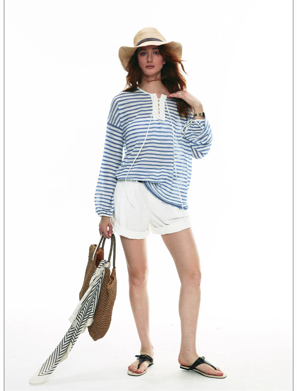French Striped Lightweight Knit Long Sleeve Top