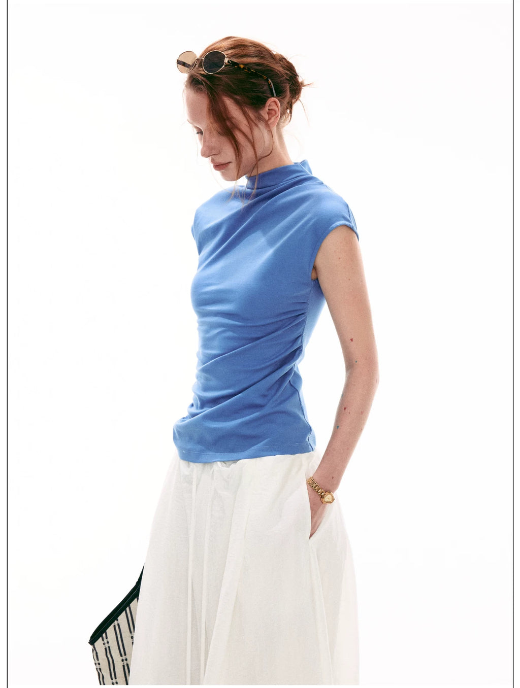 French-Inspired Mock Neck Ruched Slim-Fit Cap Sleeve Top