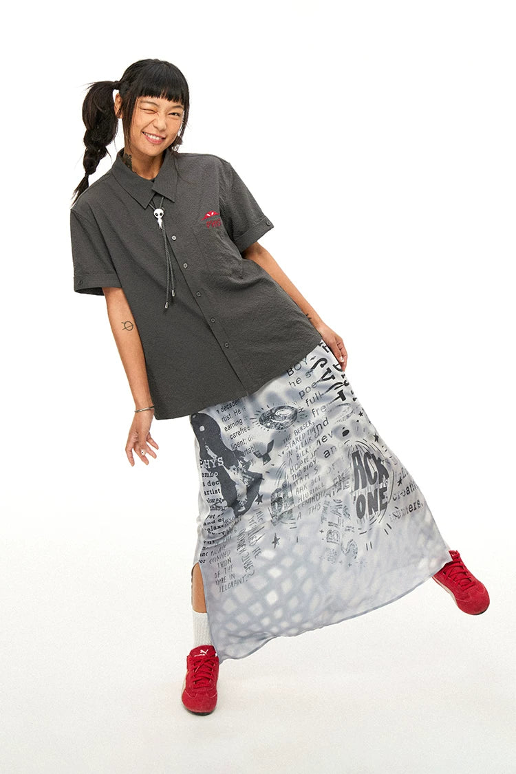 Reversible Alien Futuristic Print Chiffon Mesh Skirt