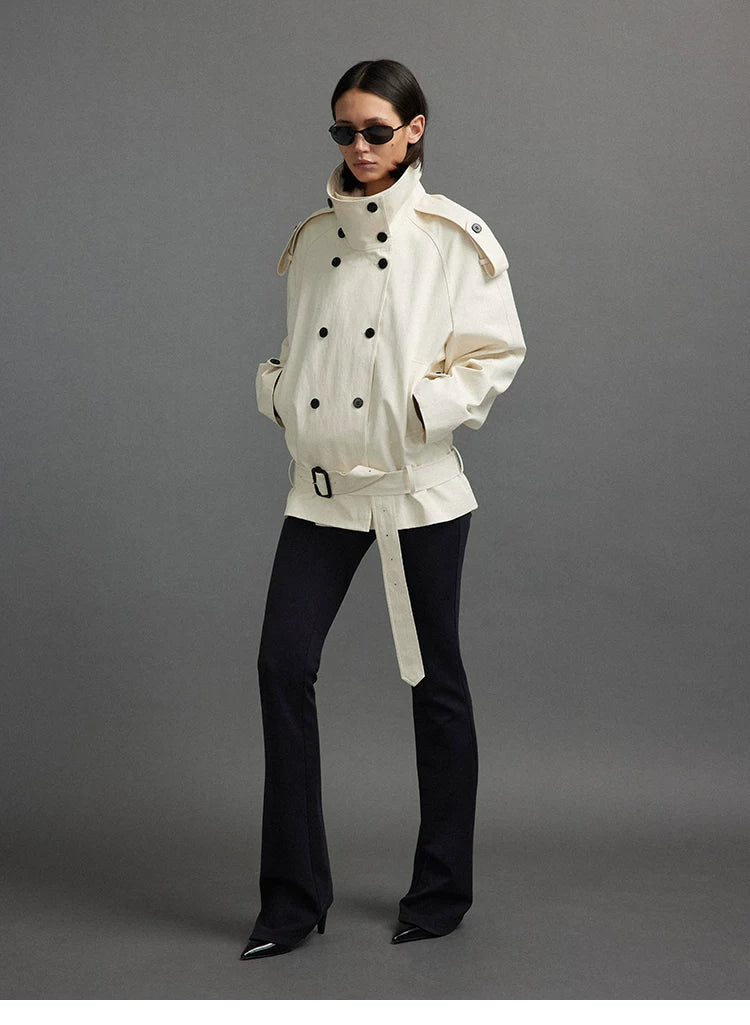 Cropped Trench Jacket with Stand Collar and Curved Shoulders