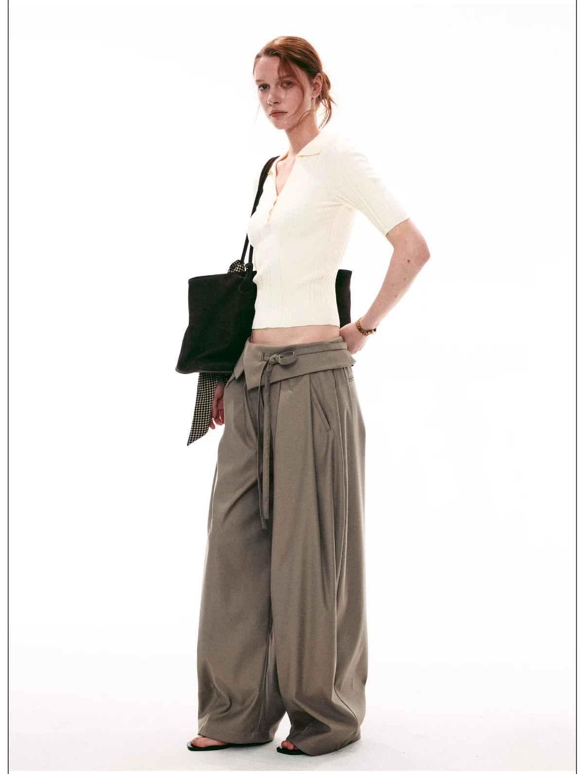French Style Foldover Wide-Waist Tie Loose Wide-Leg Pants