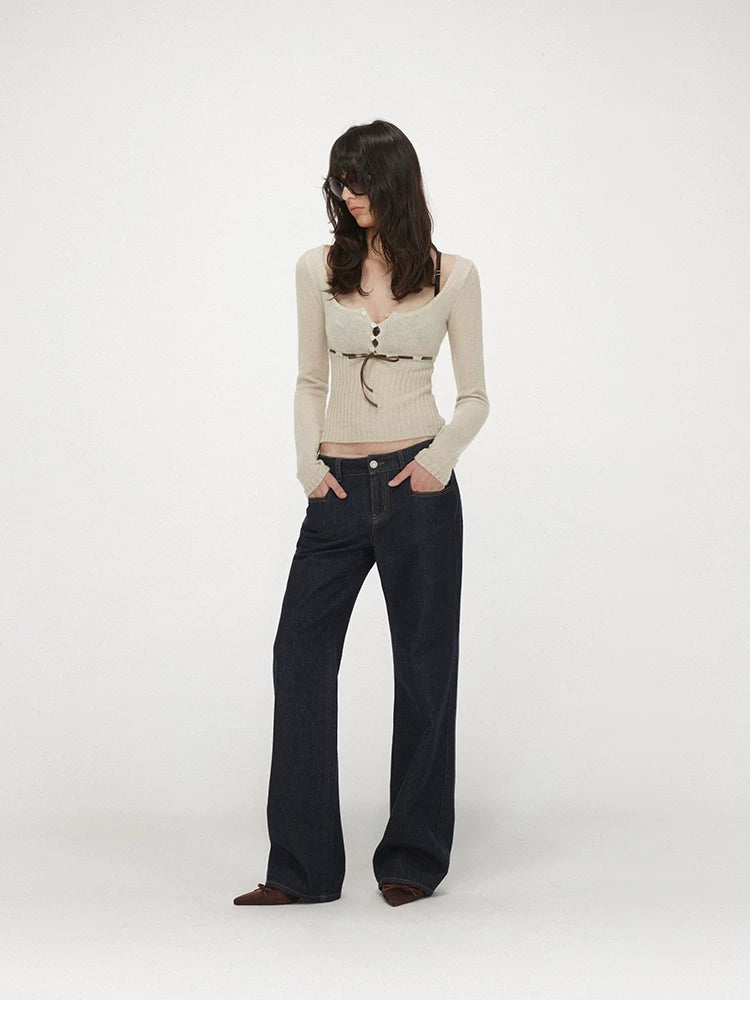 Velvet Tie U-Neck Half-Placket Fitted Knit Top
