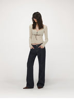 Velvet Tie U-Neck Half-Placket Fitted Knit Top