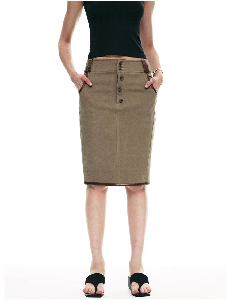 Vintage Contrast Leather Trim Utility Pencil Skirt
