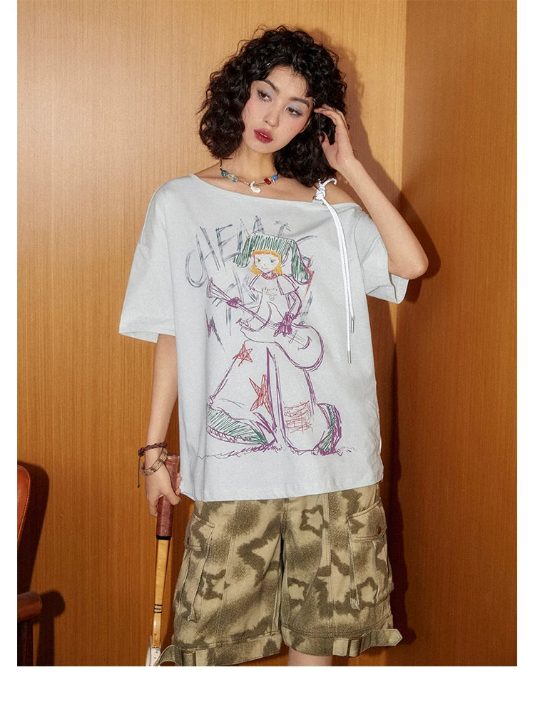 Hand-Drawn Graphic Off-Shoulder Short Sleeve T-Shirt