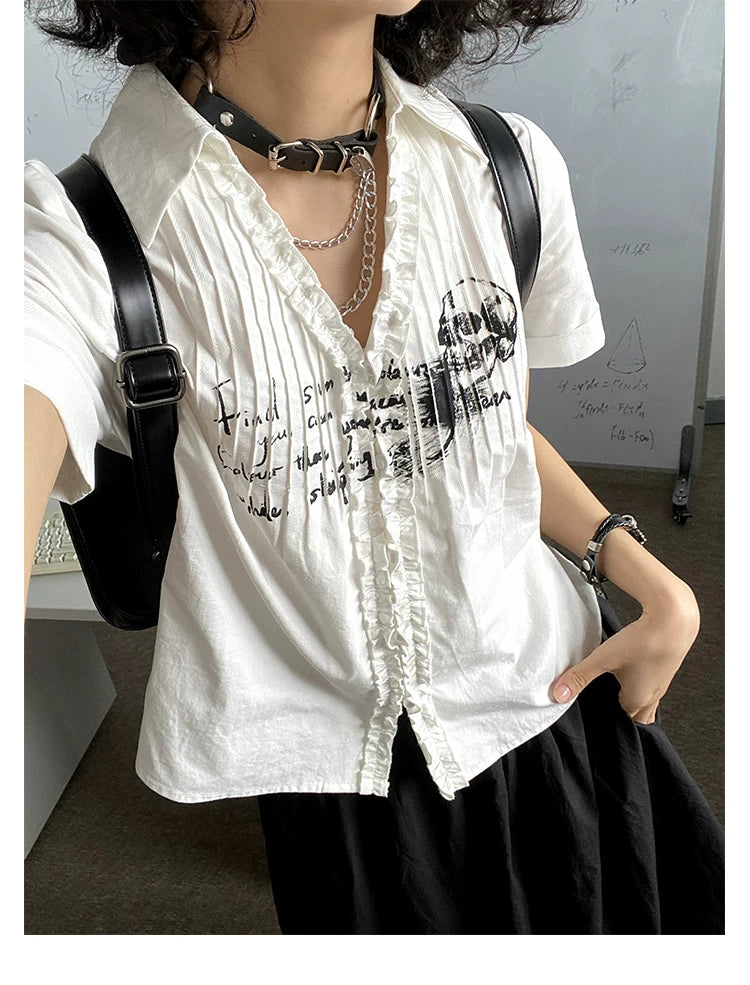 Rock Print Pleated Short Sleeve Shirt