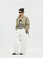 Cropped Trench Jacket with Curved Shoulders and Tie Detail