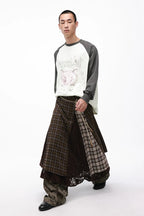 Vintage Plaid Lace Patchwork Layered Midi Skirt