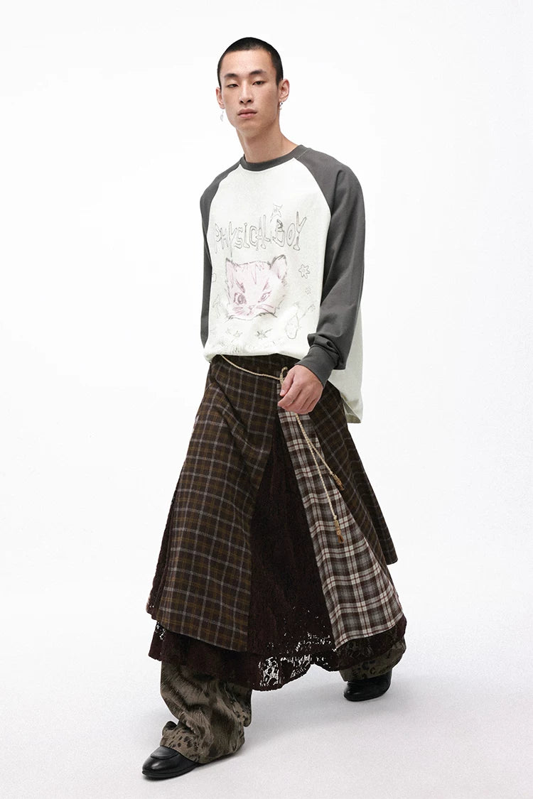 Vintage Plaid Lace Patchwork Layered Midi Skirt