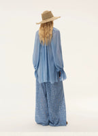 Blue Semi-Sheer Accordion Pleated Mock Neck Top