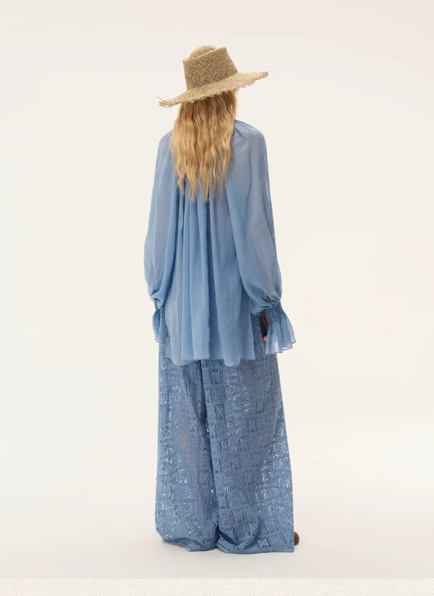 Blue Semi-Sheer Accordion Pleated Mock Neck Top