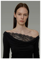 Lace Patchwork Off-Shoulder Knit Top