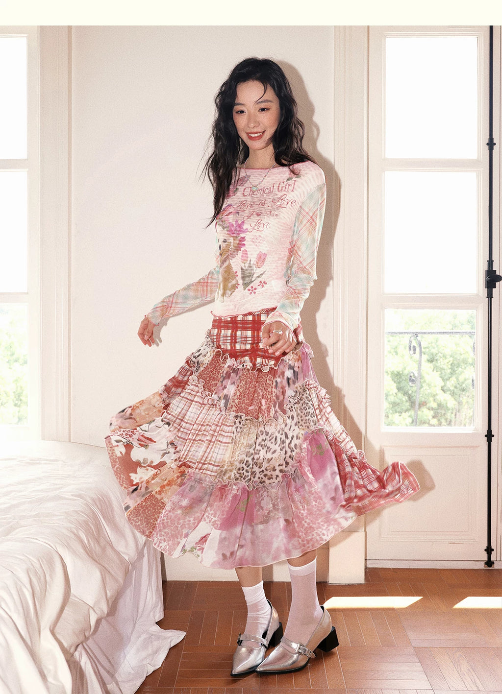 Irregular Patchwork Plaid Tiered Skirt