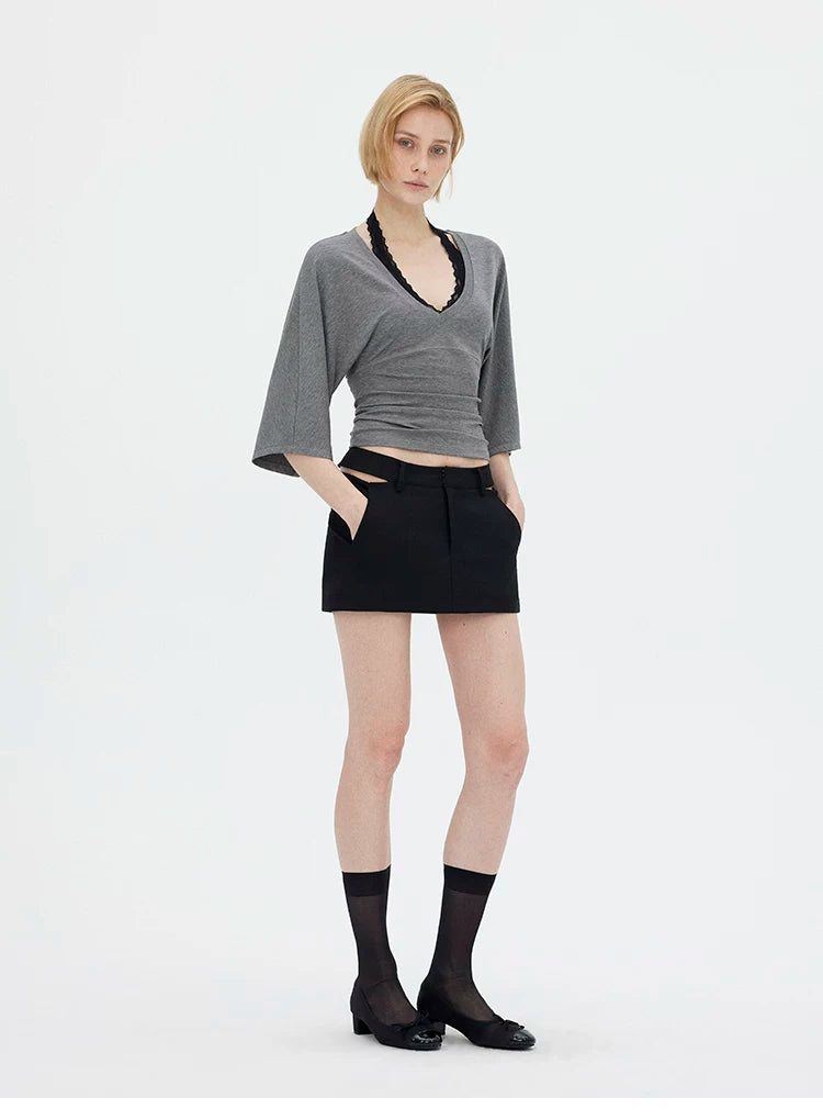 V-Neck Batwing Sleeve Waist-Cinching Knit Top