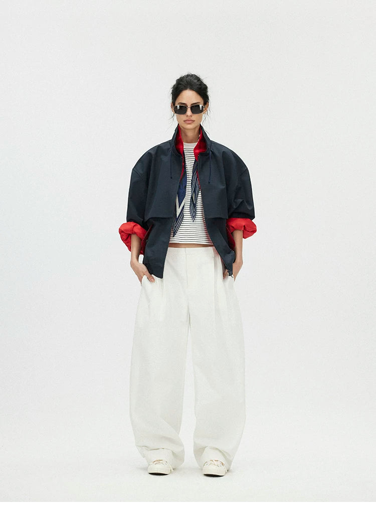 Contrast Trim Double-Placket Stand Collar Oversized Jacket