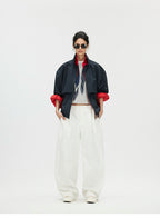 Contrast Trim Double-Placket Stand Collar Oversized Jacket