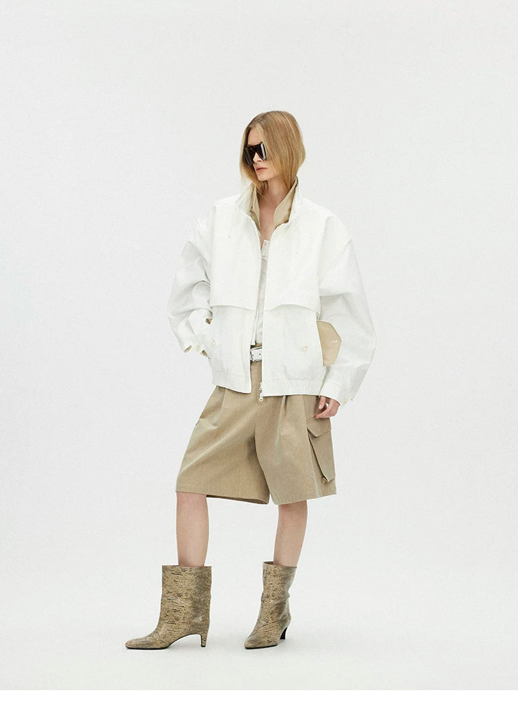 Contrast Trim Double-Placket Stand Collar Oversized Jacket