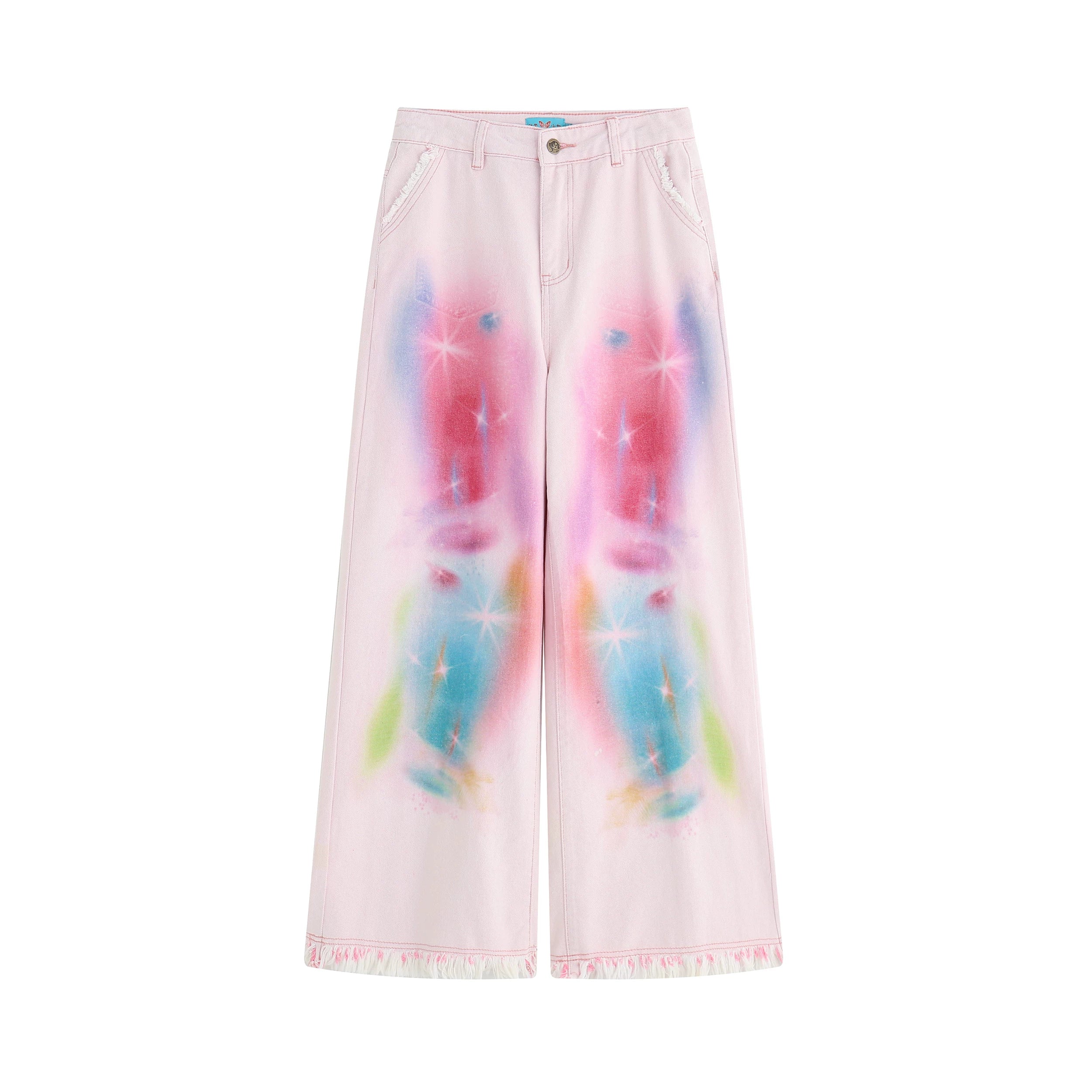 Light Pink Hand-Drawn Print Raw Hem Loose Wide-Leg Jeans