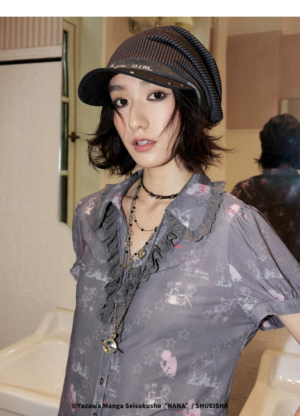 All-Over Print Lace Trim Button-Up Short Sleeve Shirt