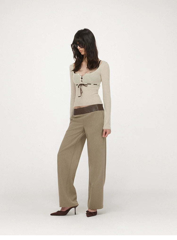 Velvet Tie U-Neck Half-Placket Fitted Knit Top