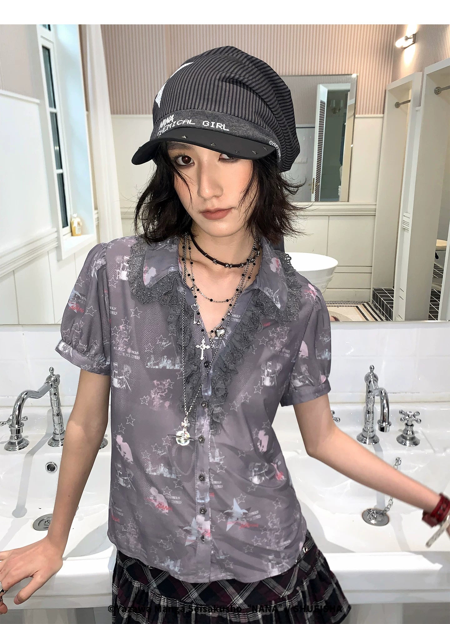 All-Over Print Lace Trim Button-Up Short Sleeve Shirt Secondary image