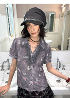 All-Over Print Lace Trim Button-Up Short Sleeve Shirt