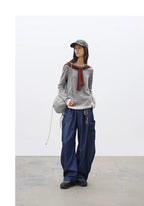 Relaxed Fit Washed Denim Curved Panel Cargo Pants – Casual Streetwear