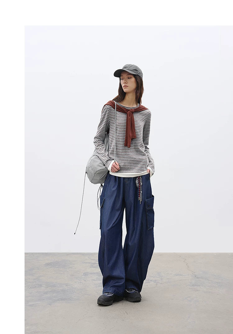 Relaxed Fit Washed Denim Curved Panel Cargo Pants – Casual Streetwear