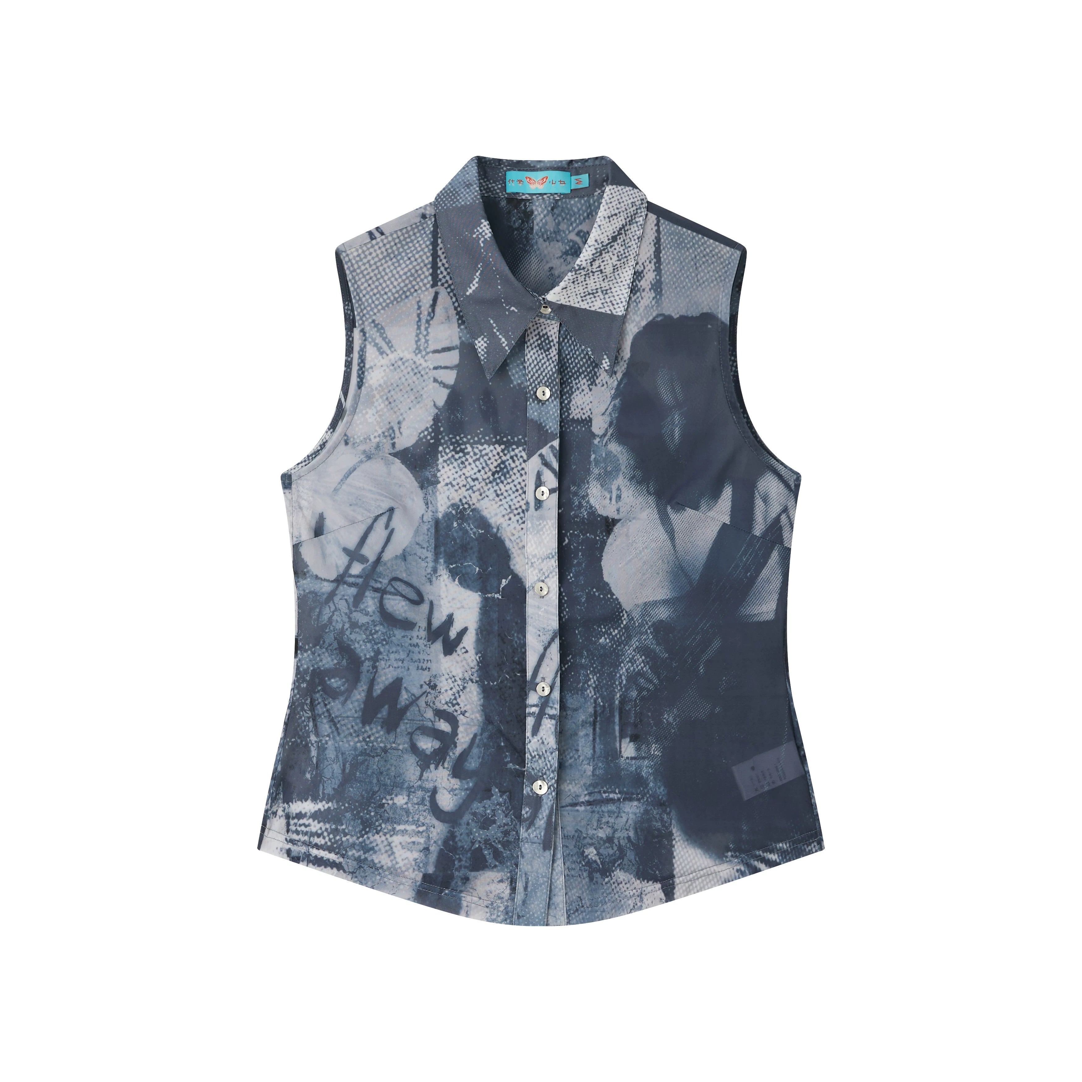 Distressed Sheer Portrait Print Sleeveless Shirt