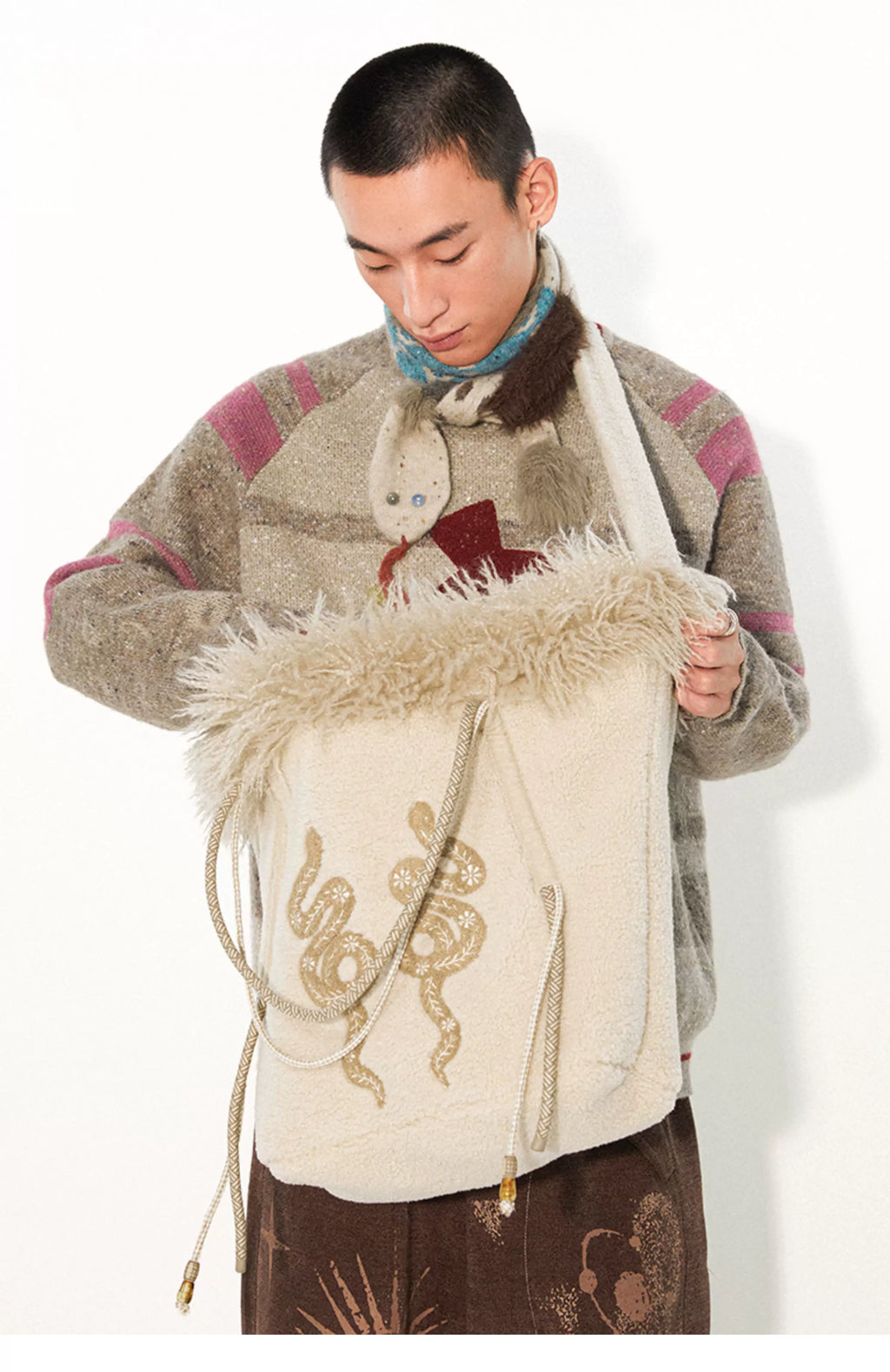 Snake Print Lamb Wool Embroidered Bag