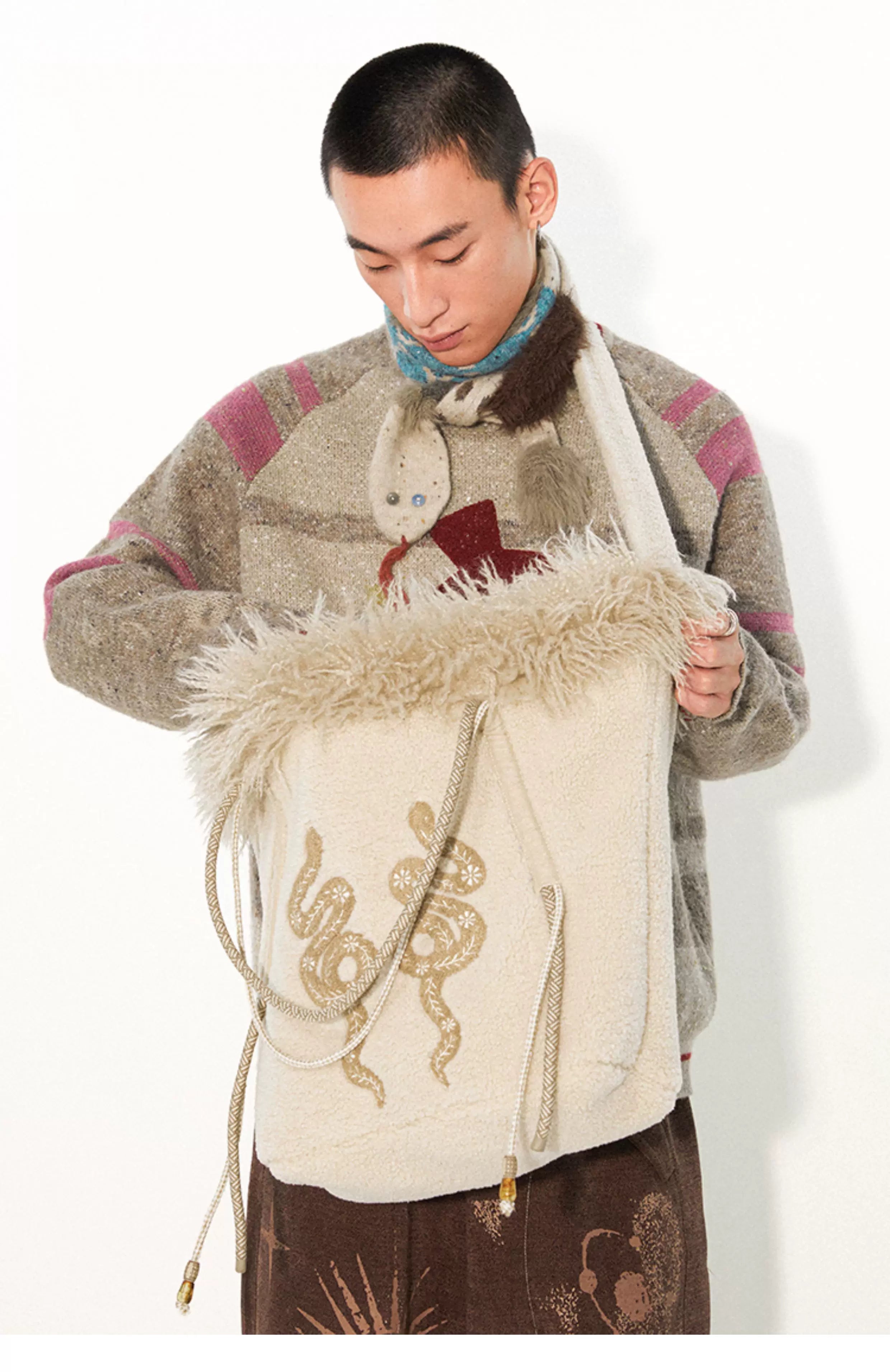 Snake Print Lamb Wool Embroidered Bag