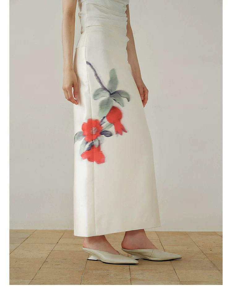 Gradient Pomegranate Floral Straight Skirt