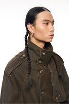 Raglan Sleeve Detachable Panel Cotton Denim Cropped Brown Trench Jacket