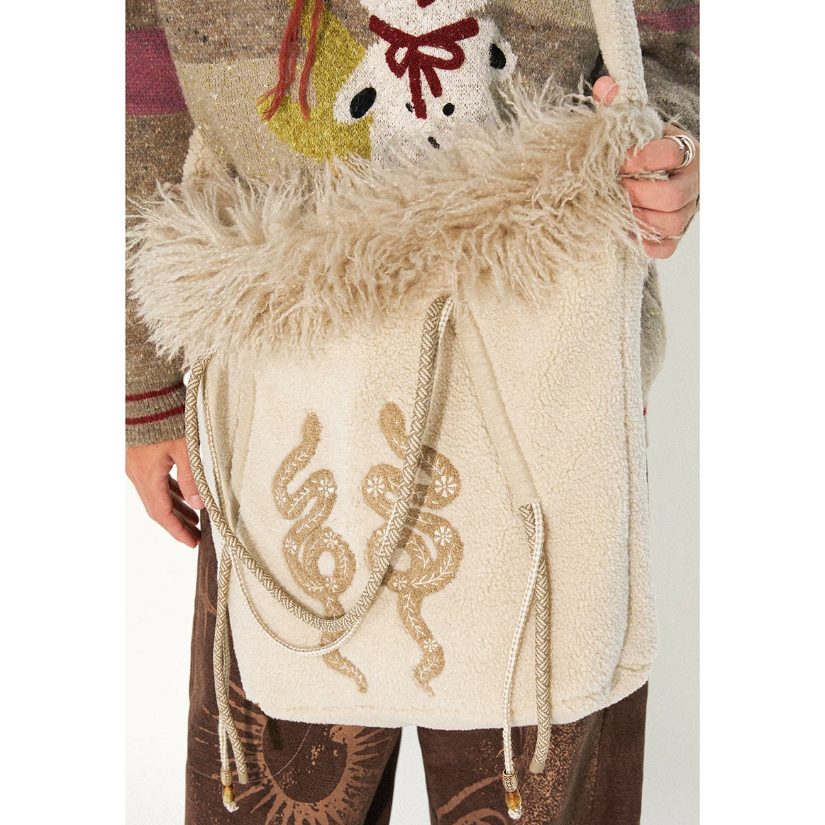Snake Print Lamb Wool Embroidered Bag Main image